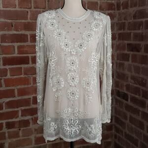 Jack Bryan vintage 80s long‎ sleeve beaded sheer tunic blouse S